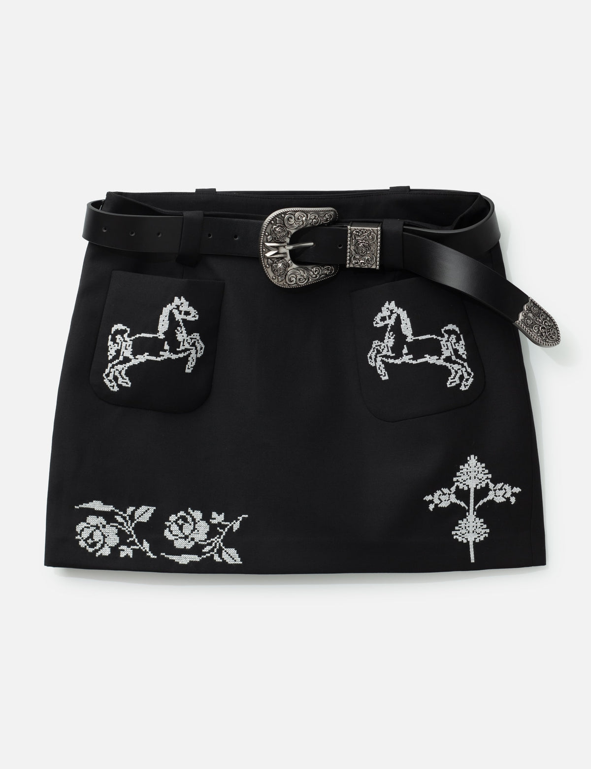 Markgong マークゴン 【本物保証】 ベルト ストリート系 レディース Black Cross Stitch Embroidered Skirt With Detachable Belt