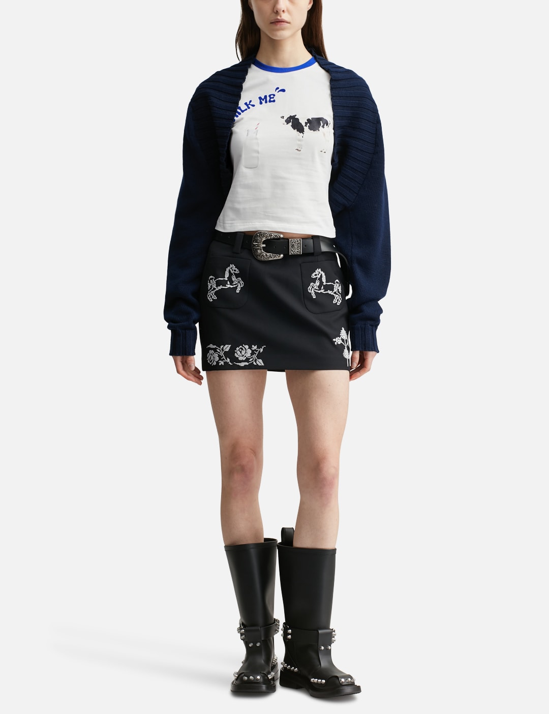 Markgong マークゴン 【本物保証】 ベルト ストリート系 レディース Black Cross Stitch Embroidered Skirt With Detachable Belt