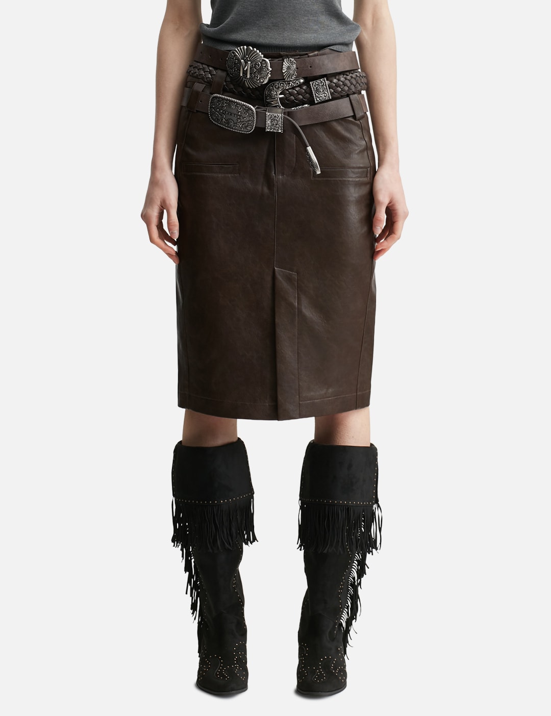 Markgong マークゴン 【本物保証】 ベルト ストリート系 レディース BROWN FAUX LEATHER PENCIL SKIRT WITH DETACHABLE BELTS