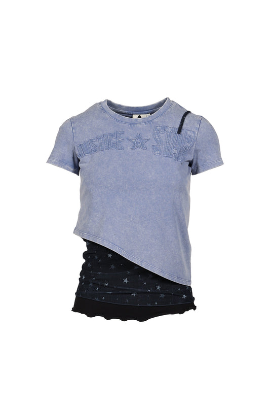 Anomalies Department 【本物保証】 Tシャツ ストリート系 レディース LAYERED DECONSTRUCTED TWO-PIECE SHORT-SLEEVED TOP / BLU