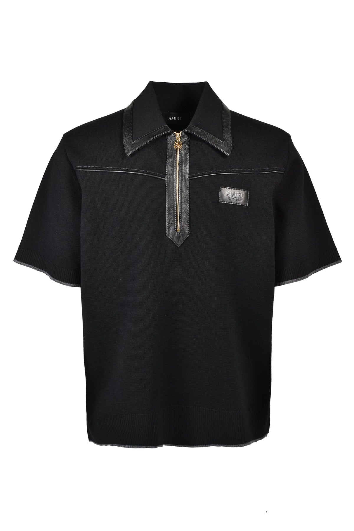 AMIRI アミリ 【本物保証】 ニット ストリート系 メンズ LEATHER TRIM KNIT ZIPPED POLO / BLK
