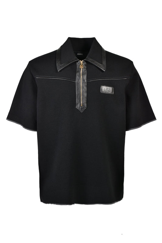 AMIRI アミリ 【本物保証】 ニット ストリート系 メンズ LEATHER TRIM KNIT ZIPPED POLO / BLK