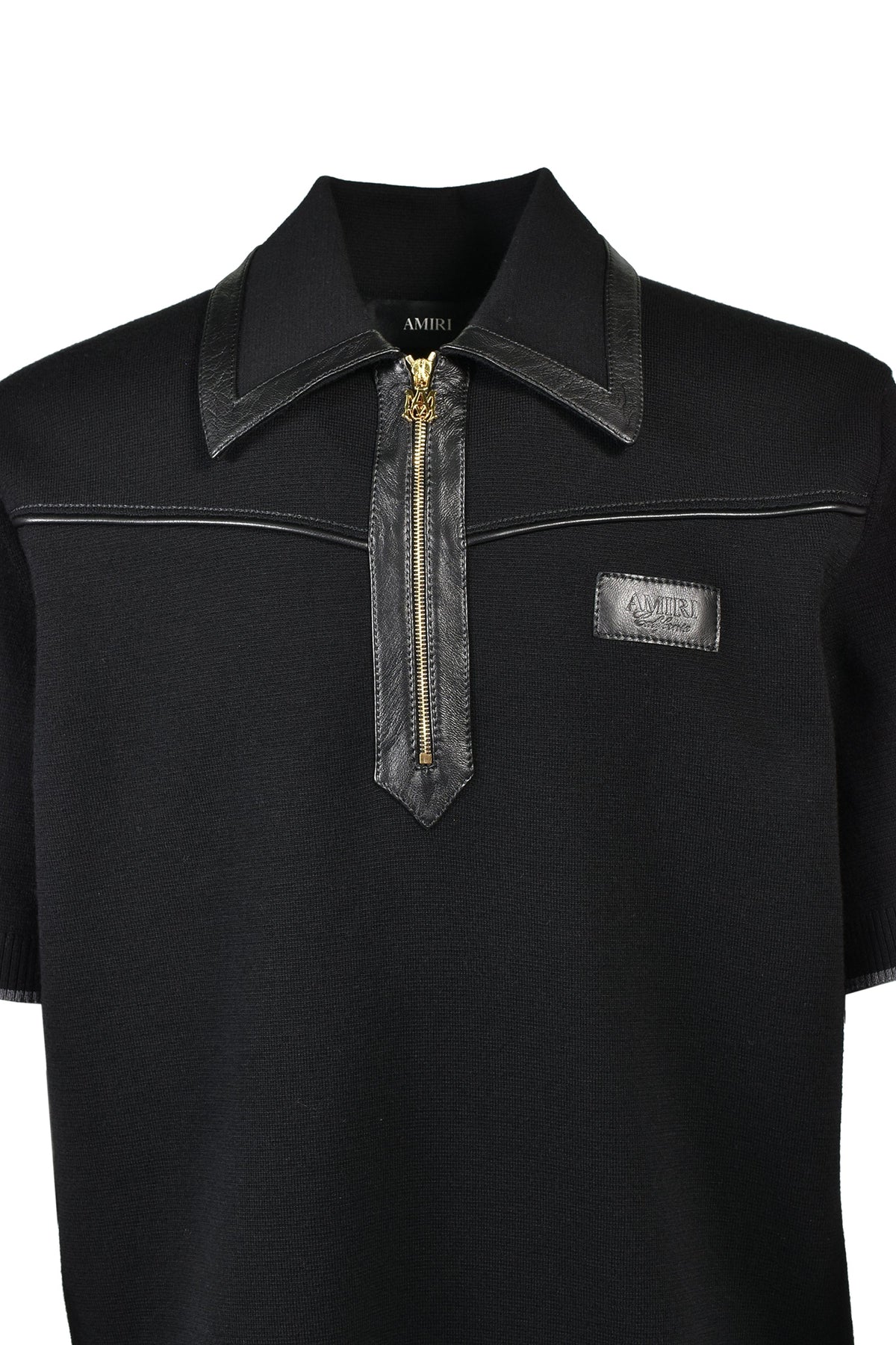 AMIRI アミリ 【本物保証】 ニット ストリート系 メンズ LEATHER TRIM KNIT ZIPPED POLO / BLK