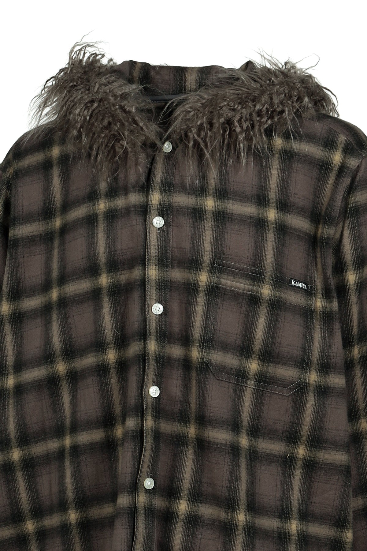 KAMIYA カミヤ 【本物保証】 シャツ ストリート系 メンズ FUR-TRIMMED HOODED CHECK SHIRT / BRW