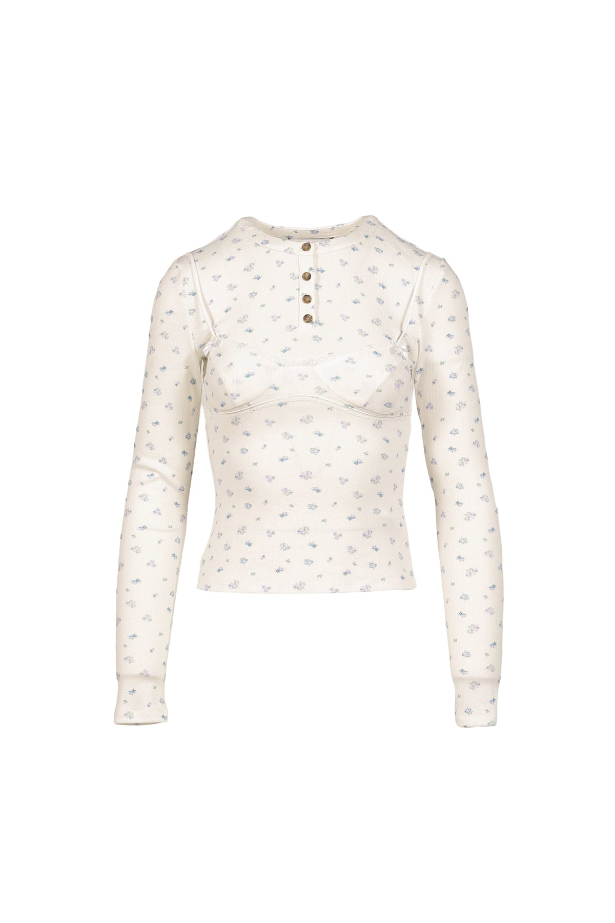 MARKGONG 【本物保証】 シャツ ストリート系 レディース WHITE FLORAL PRINT LACE-TRIM BRALETTE DETAIL LONG SLEEVE HENLEY SHIRT / FLORAL