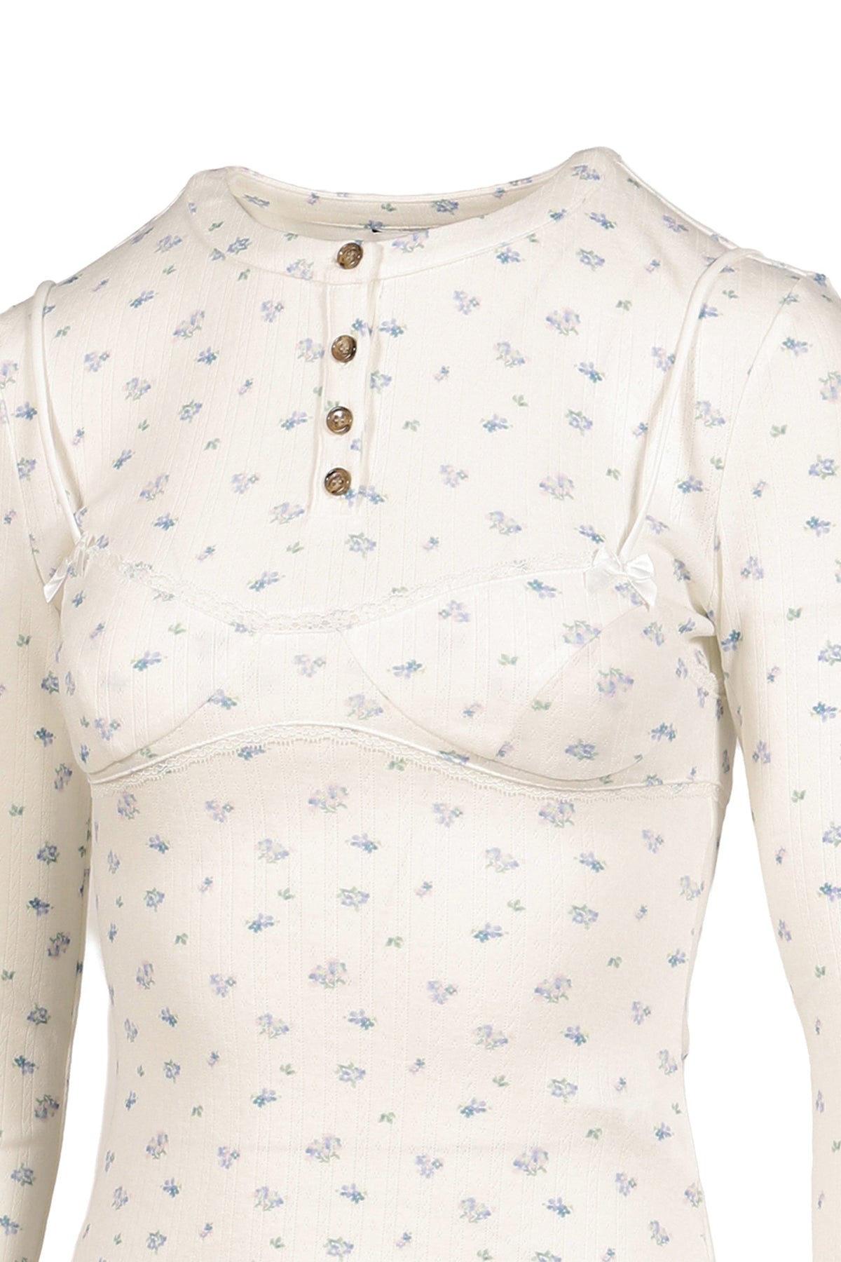 MARKGONG 【本物保証】 シャツ ストリート系 レディース WHITE FLORAL PRINT LACE-TRIM BRALETTE DETAIL LONG SLEEVE HENLEY SHIRT / FLORAL