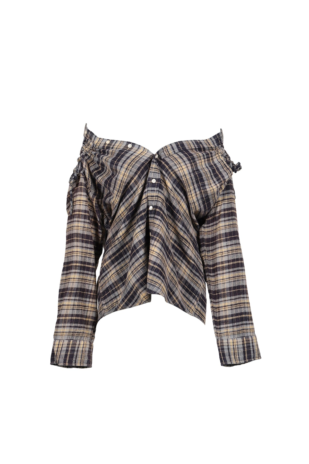 R13 【本物保証】 シャツ ストリート系 レディース CHINCHED OFF SHOLDER SHIRT / BLU PLAID