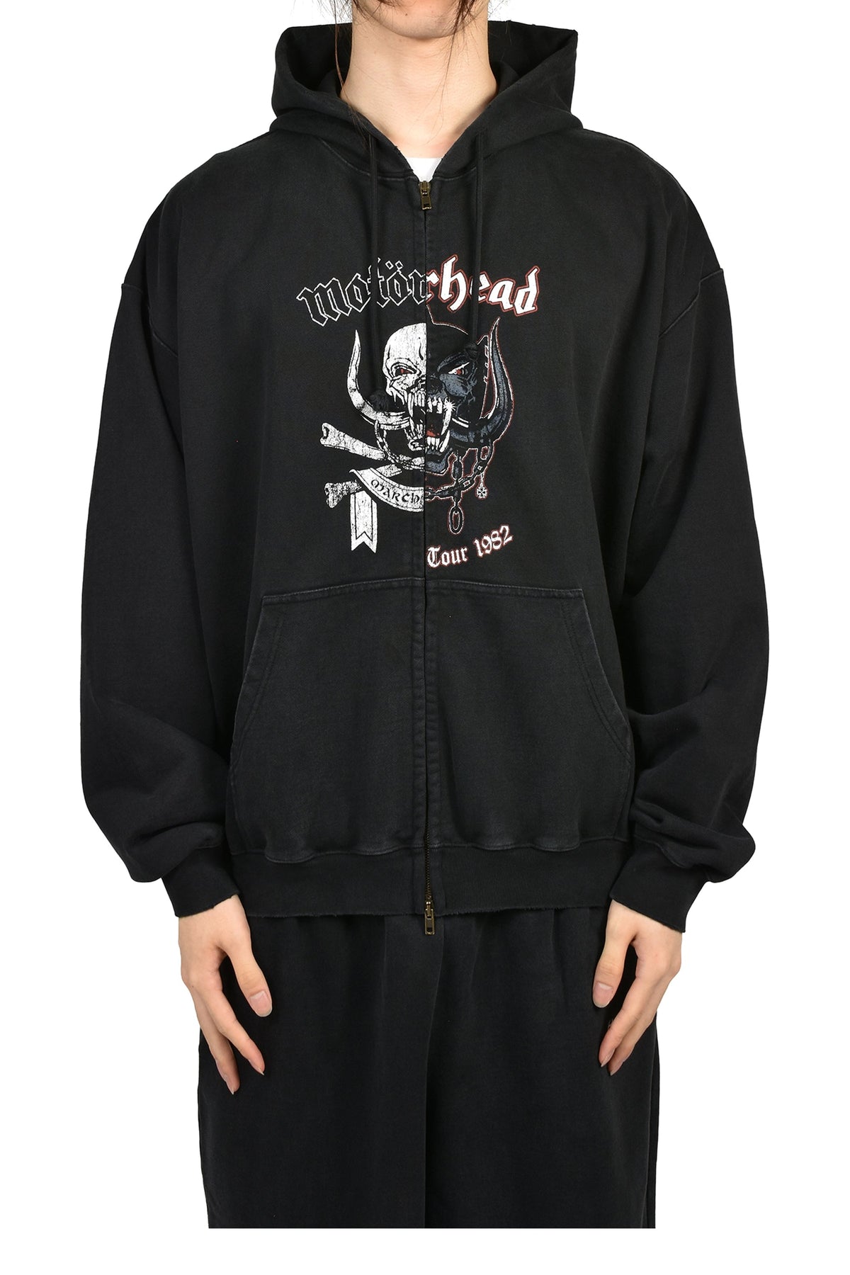 VETEMENTS ヴェトモン 【本物保証】 パーカー ストリート系 メンズ VETEMENTSXMOTORHEAD DOUBLE GRAPHIC ZIP-UP HOODIE / WASHED BLK