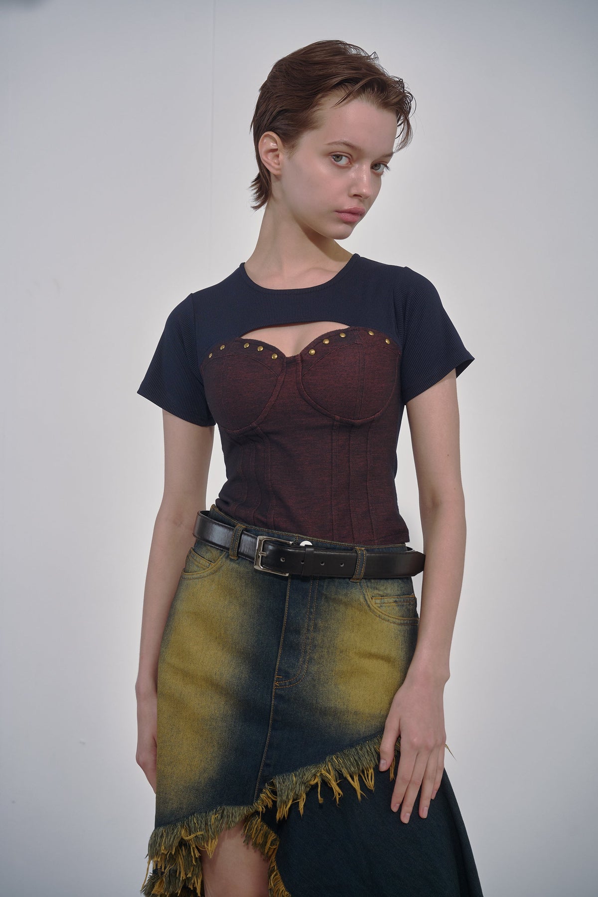 VIVAMUS 【本物保証】 Tシャツ ストリート系 レディース DENIM LACE COMBI T-SHIRT / ORANGE