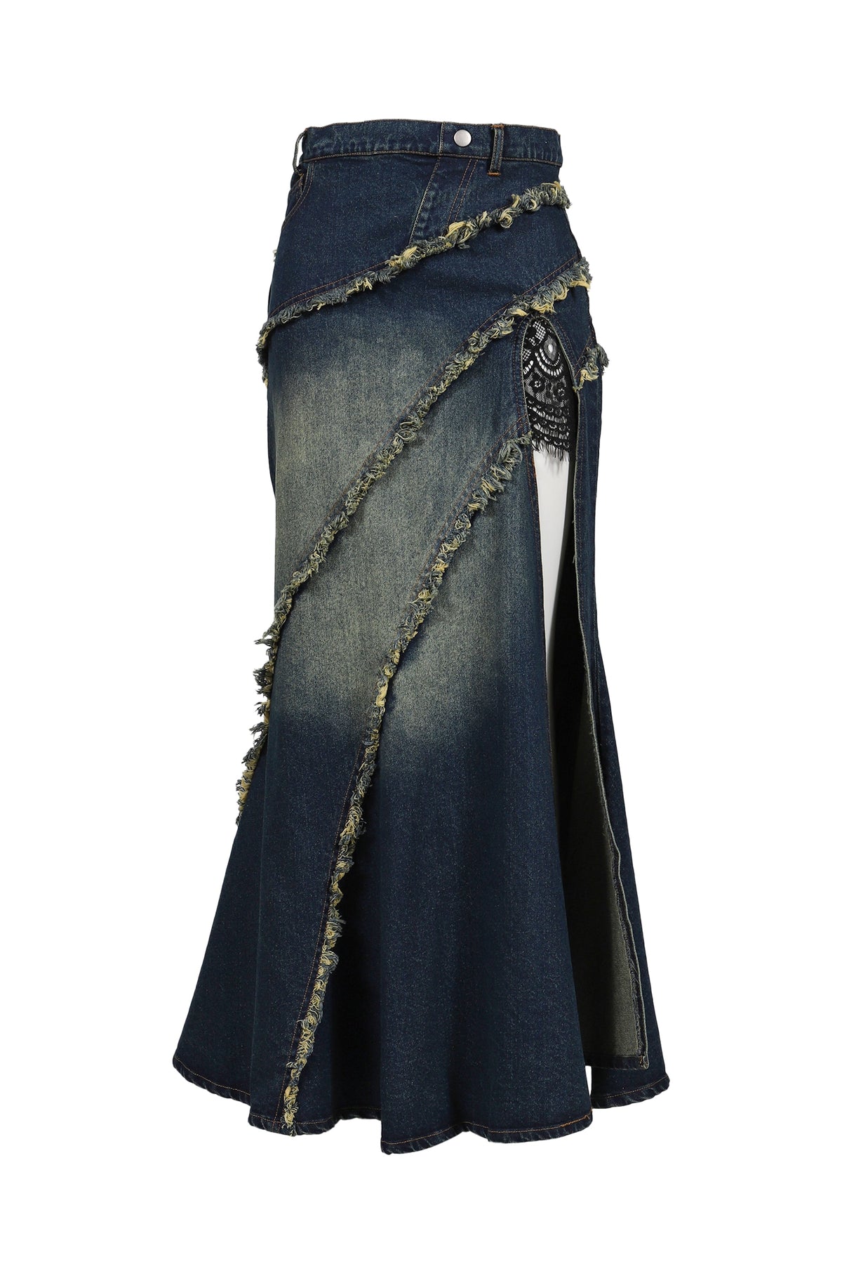 VIVAMUS 【本物保証】 スカート ストリート系 レディース TIERED LACE DENIM SKIRT / BLU
