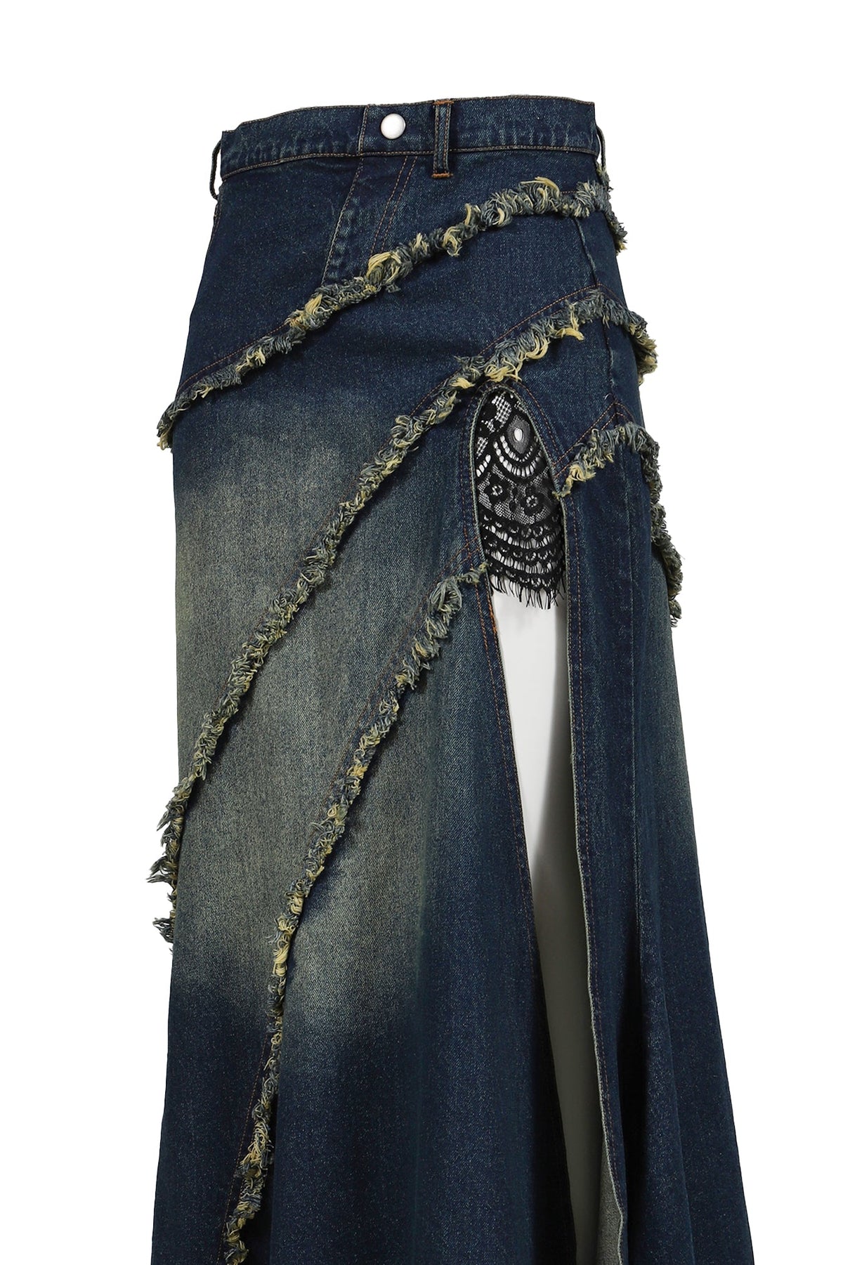 VIVAMUS 【本物保証】 スカート ストリート系 レディース TIERED LACE DENIM SKIRT / BLU